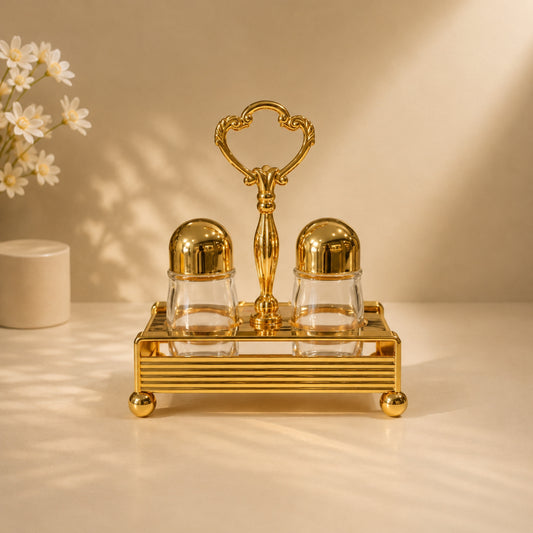 Gold Ring Handle Salt & Pepper Shaker Set with Flat Iron Stand