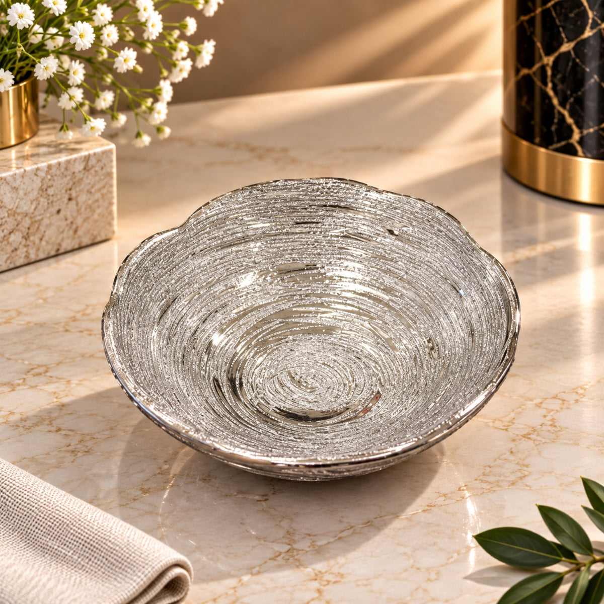 Luna Silver Small Bowl – Textured Metallic Finish – 14 × 14 × 4 cm