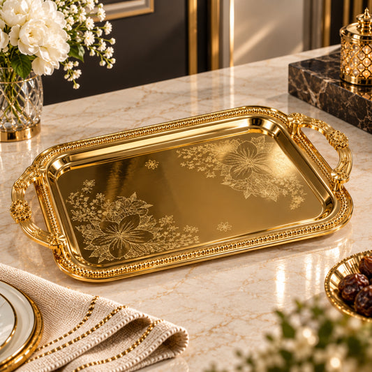 Luxury Gold-Plated Rectangular Serving Tray with Floral Engraving & Decorative Handles
