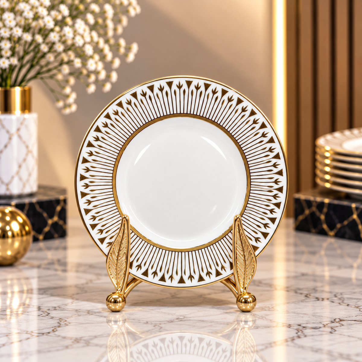 Luxury White & Gold Decorative Round Serving Plate – 15, 20 & 26 Inch
