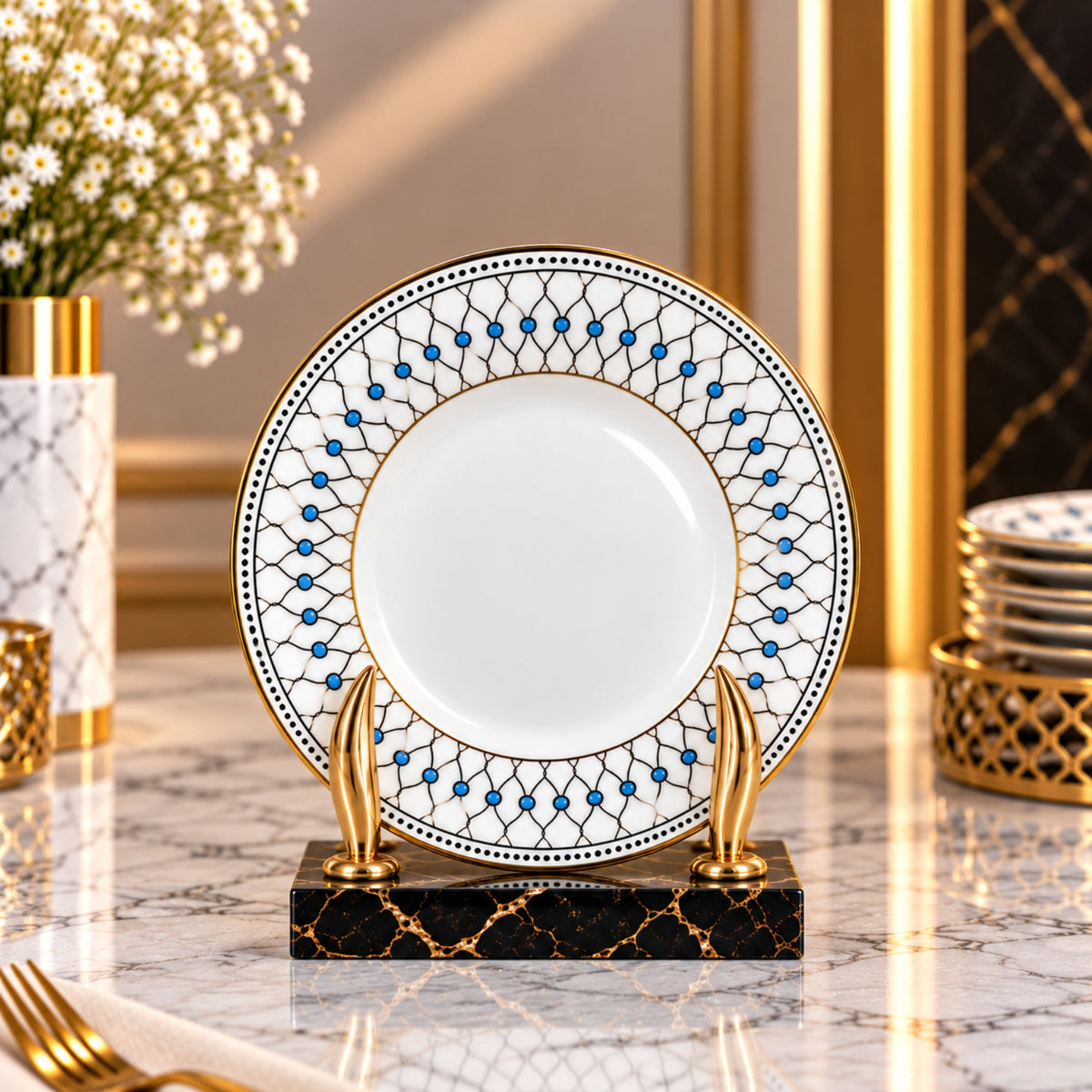 Luxury Decorative Dinner Plates – White, Blue & Gold | 15", 20" & 26"