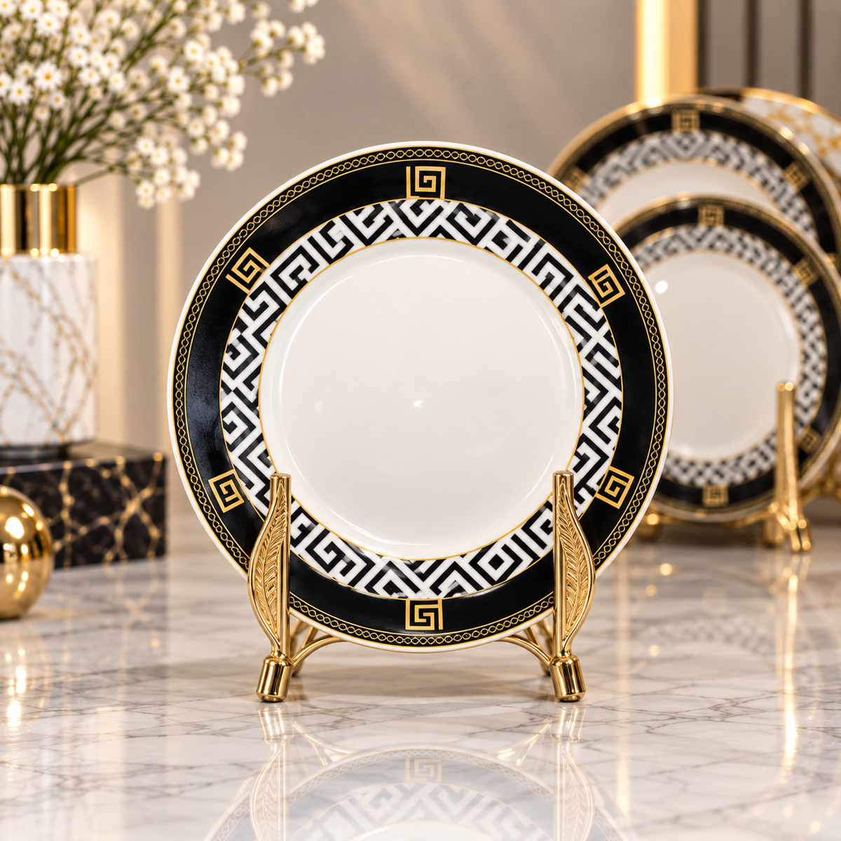 Luxury Black, White & Gold Decorative Round Serving Plates – 15, 20 & 26 Inch