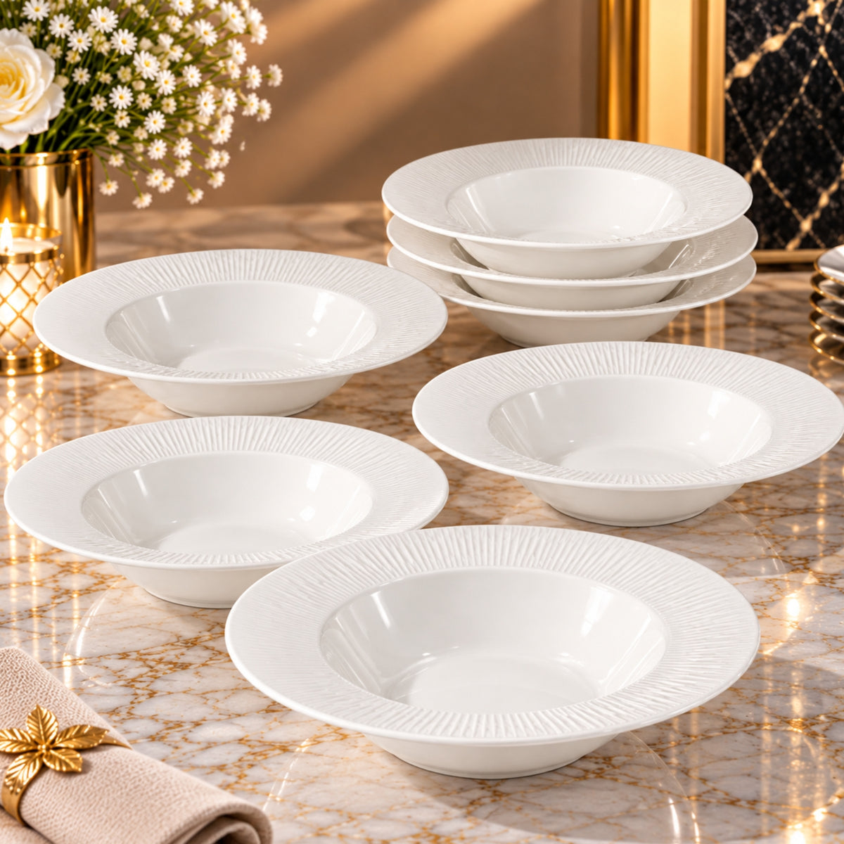 Elegant White Textured Round Soup Bowl – 21cm