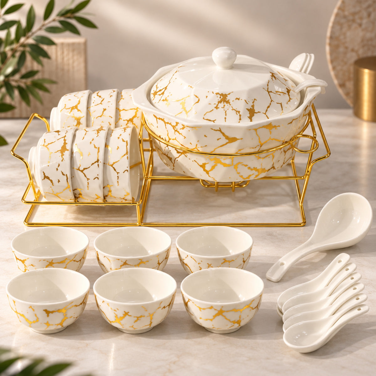 15-Piece White & Gold Marble Soup Serving Set with Stand