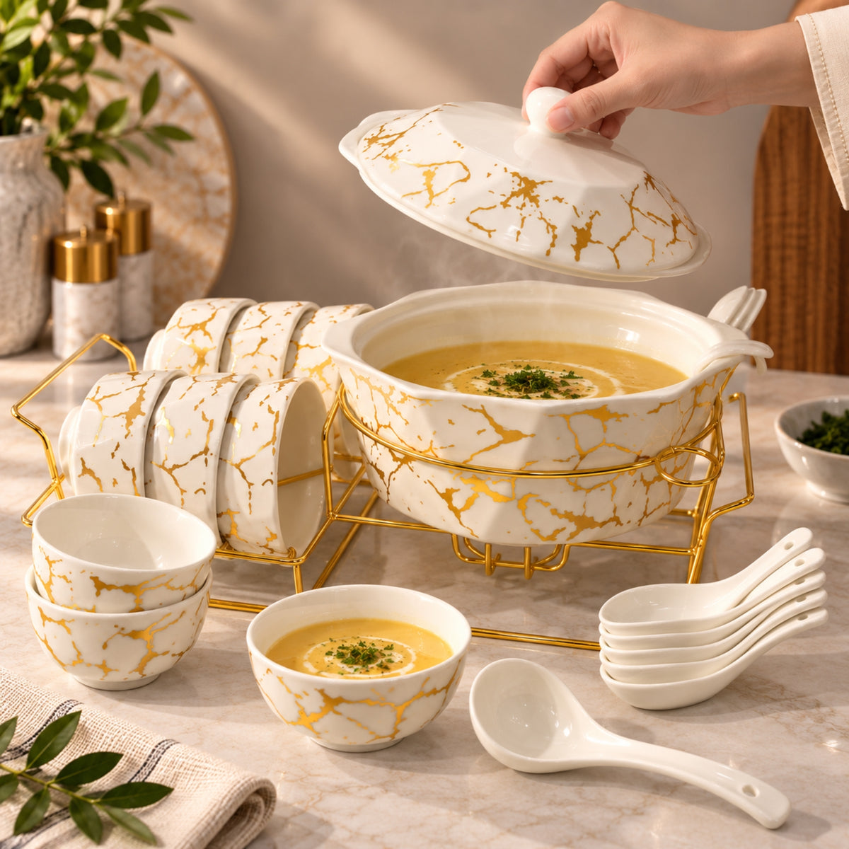 15-Piece White & Gold Marble Soup Serving Set with Stand