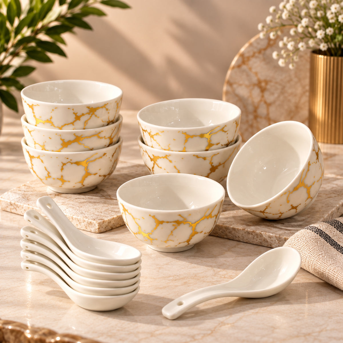 15-Piece White & Gold Marble Soup Serving Set with Stand