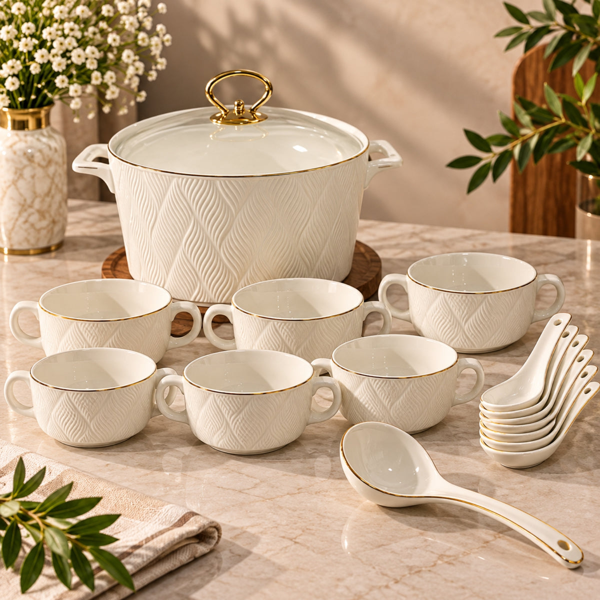 15-Piece Embossed White & Gold Soup Serving Set with Stand