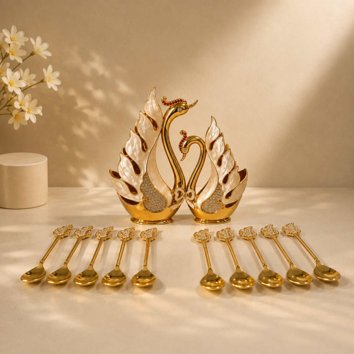 AFD2B Gold Swan Stand Tea Spoon Set – 12 Pieces