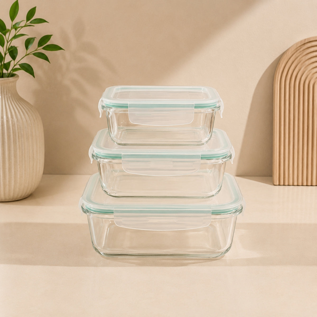 Lemei 3-piece rectangular glass food storage container set 400ml 640ml and 1040ml