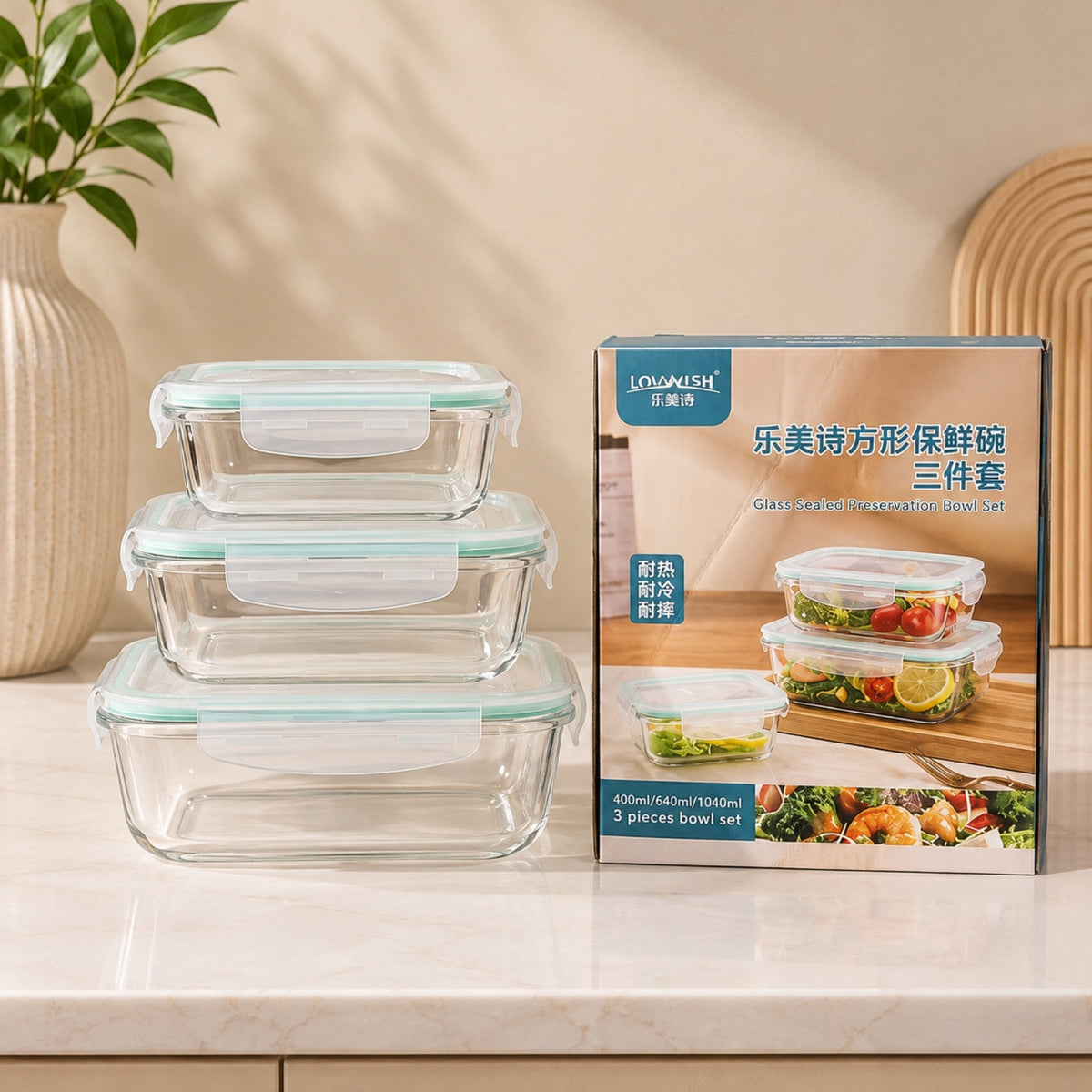 Lemei 3-piece rectangular glass food storage container set 400ml 640ml and 1040ml