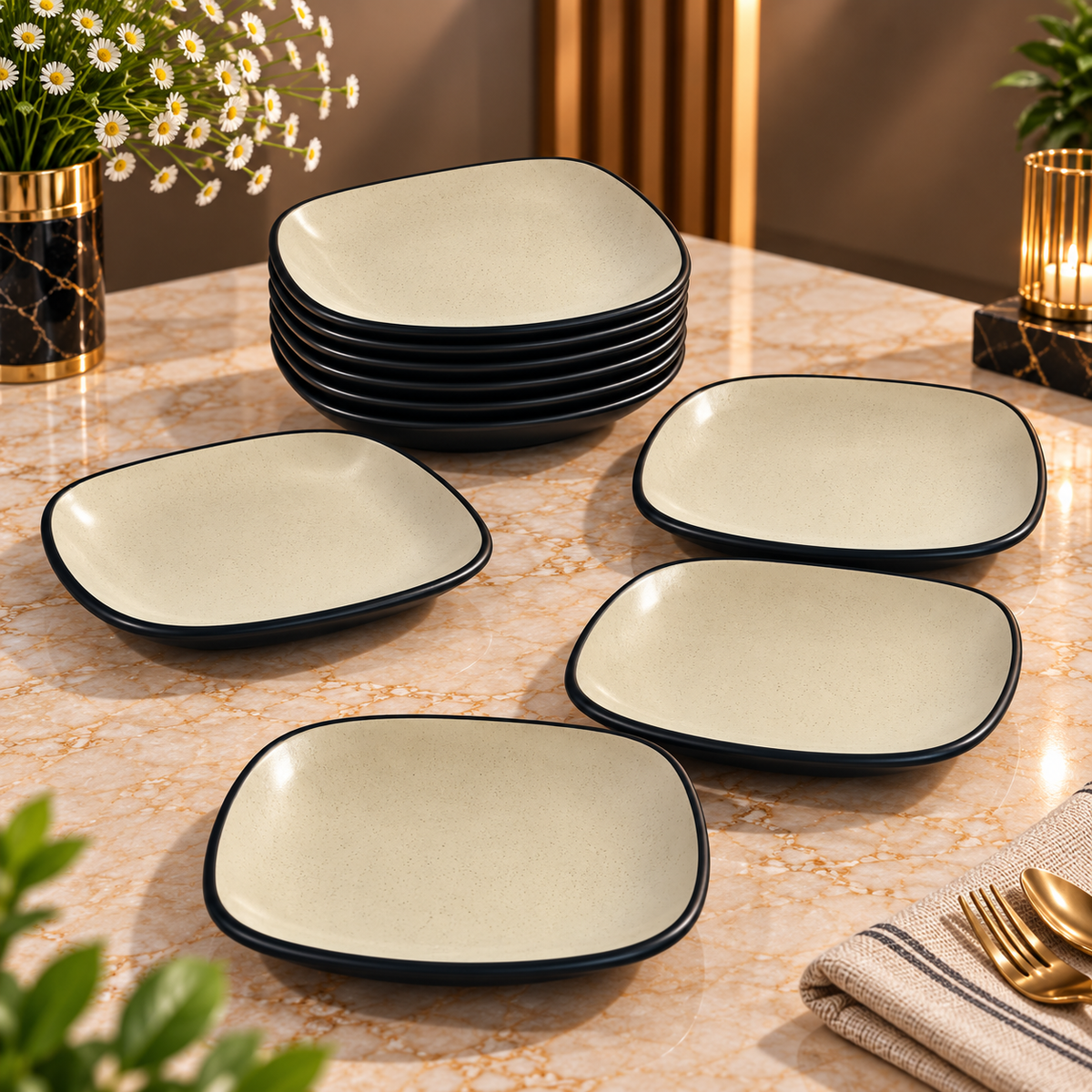 Melamine Square Plate – 8.5 Inch | Black & Beige