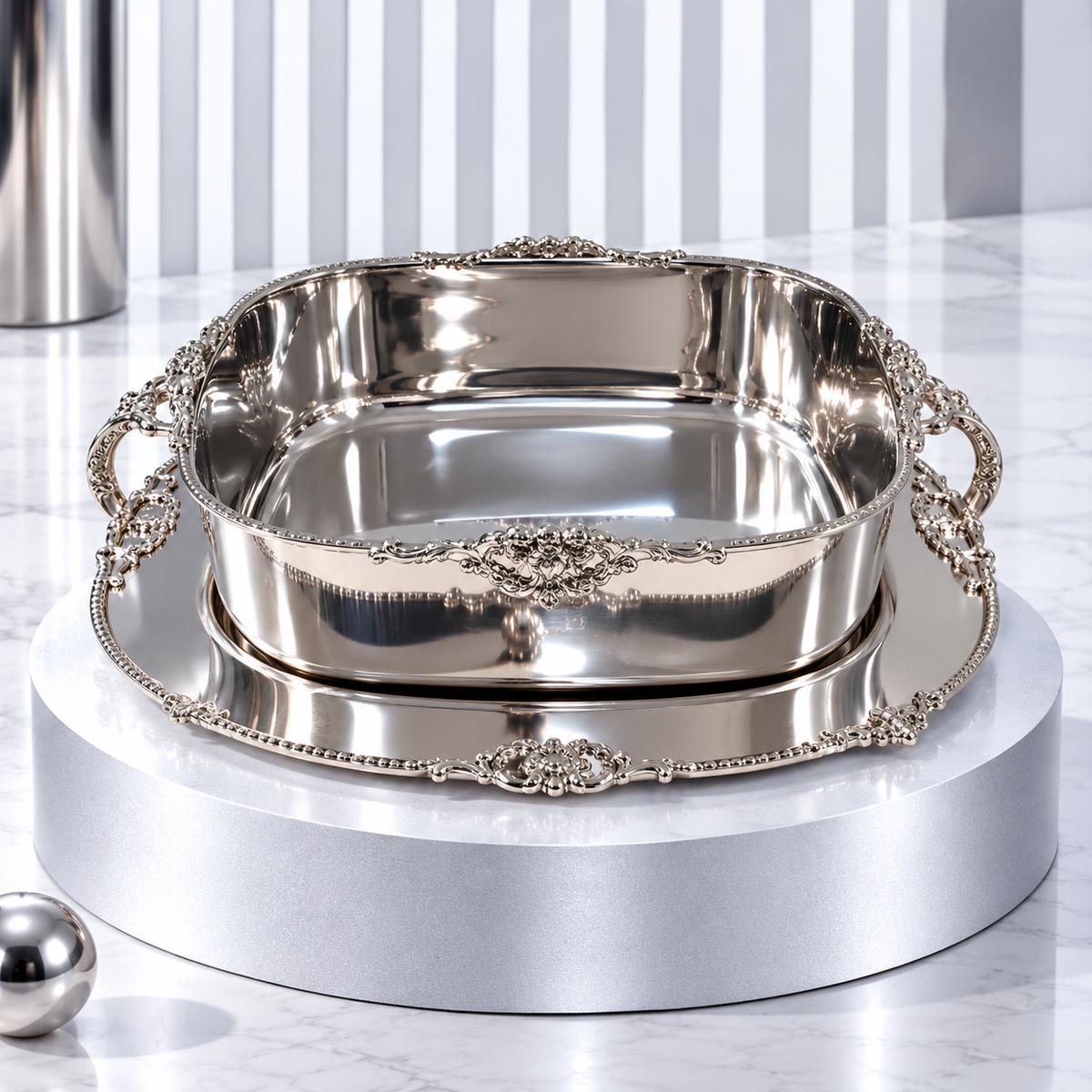 Luxury Silver Finish Steel Square Bowl with Plate – 10 x 10 Inch