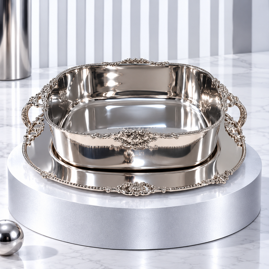 Luxury Silver Finish Steel Square Bowl with Plate – 10 x 10 Inch