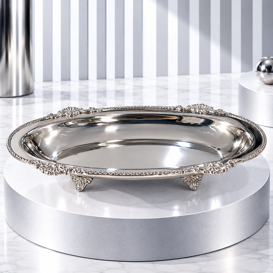 Luxury Silver Finish Steel Oval Serving Tray – 13.5 x 8 Inch