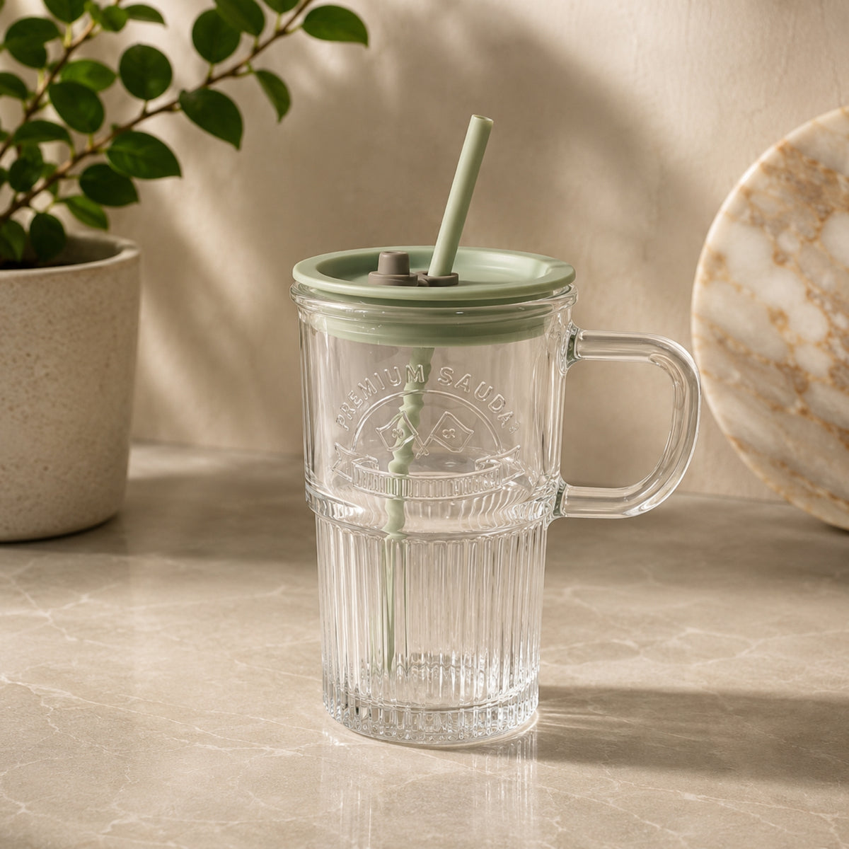 Panda Straw Glass Cup with Lid & Handle – Single Piece