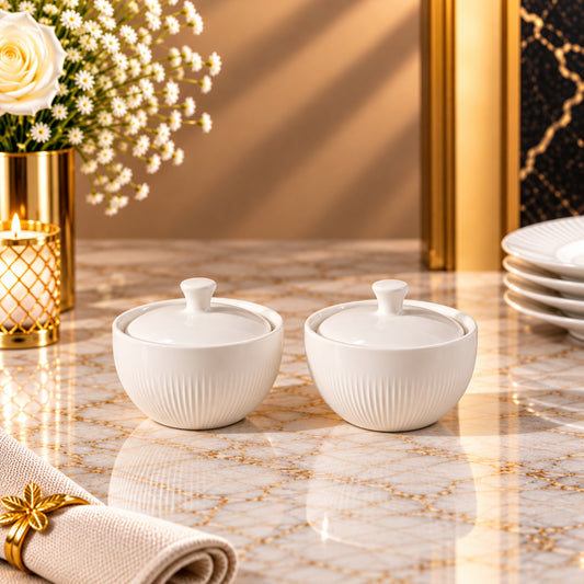 Elegant White Sugar Bowl with Lid – Textured Design