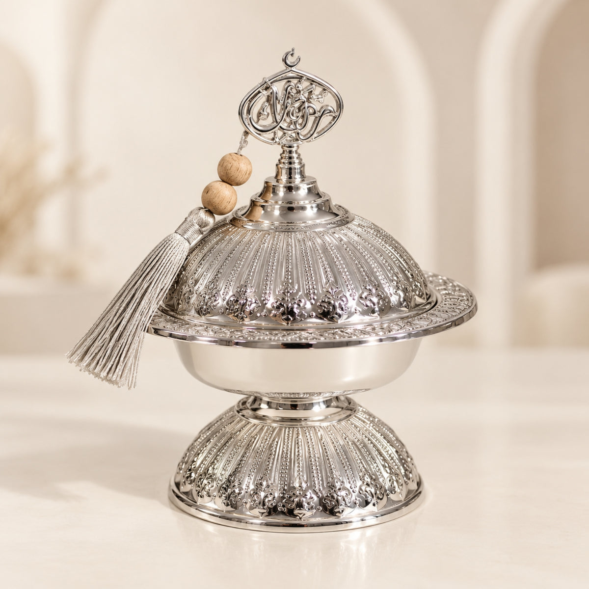 Luxury Silver Ornate Pedestal Dates Bowl with Lid & Decorative Tassel