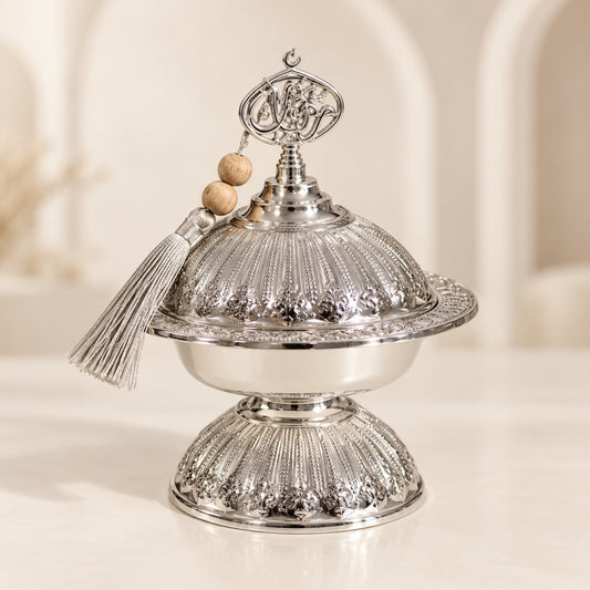 Luxury Silver Ornate Pedestal Dates Bowl with Lid & Decorative Tassel