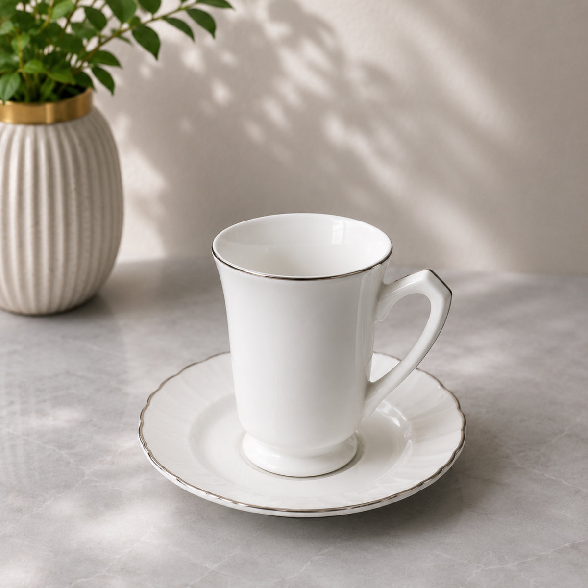 White & Silver Istikan Tea Cup & Saucer Set – 12 Pieces