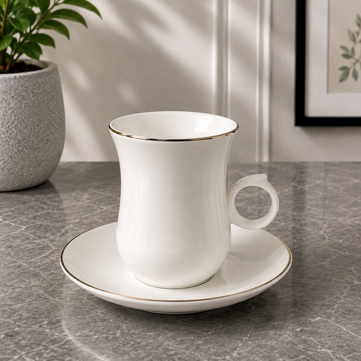 White Istikan Flower Handle Tea Cup & Saucer Set – 12 Pieces