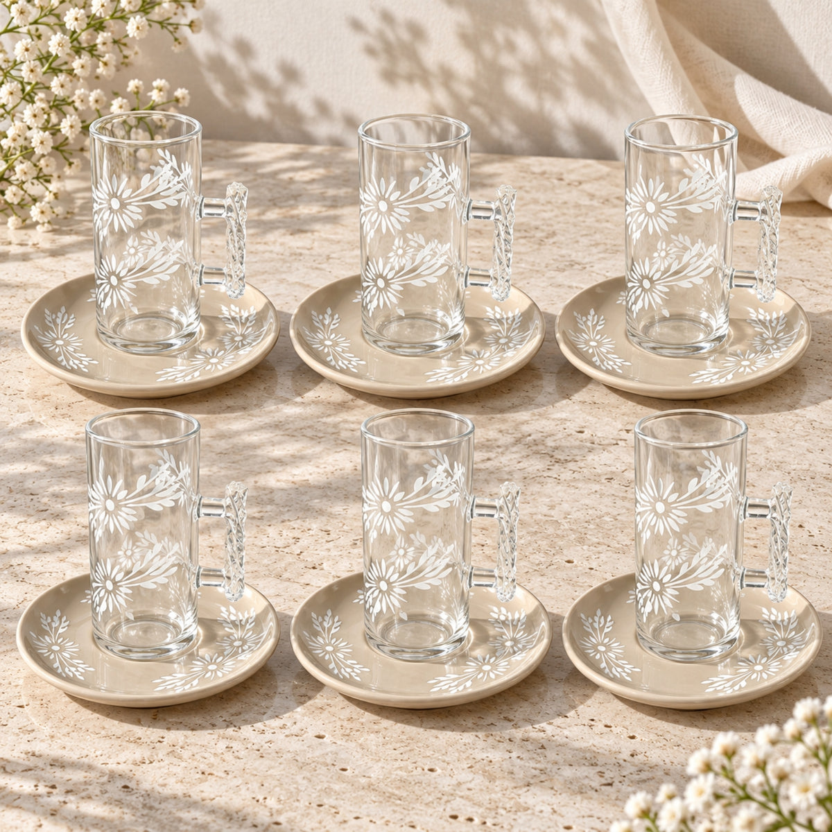 18-Piece Beige Floral Tea & Cawa Cup Set – 6 Tea Cups, 6 Saucers & 6 Cawa Cups