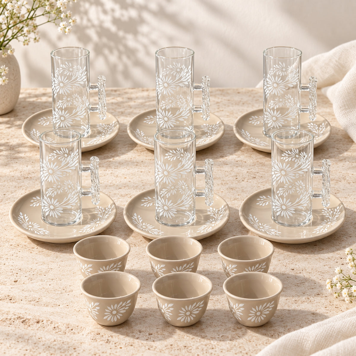18-Piece Beige Floral Tea & Cawa Cup Set – 6 Tea Cups, 6 Saucers & 6 Cawa Cups