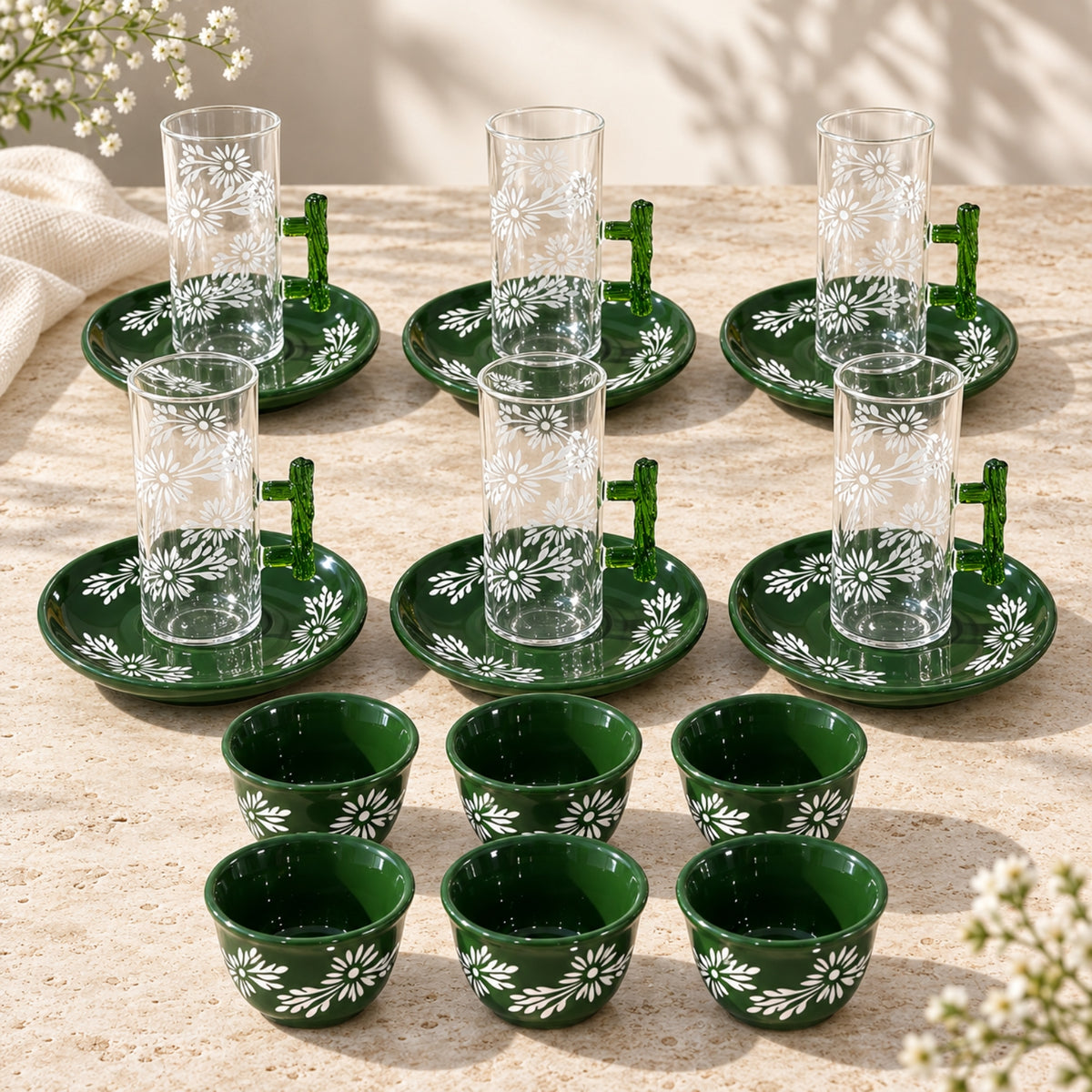 18-piece green floral tea and Cawa cup set with 6 clear glass tea cups, 6 green saucers and 6 matching Cawa cups