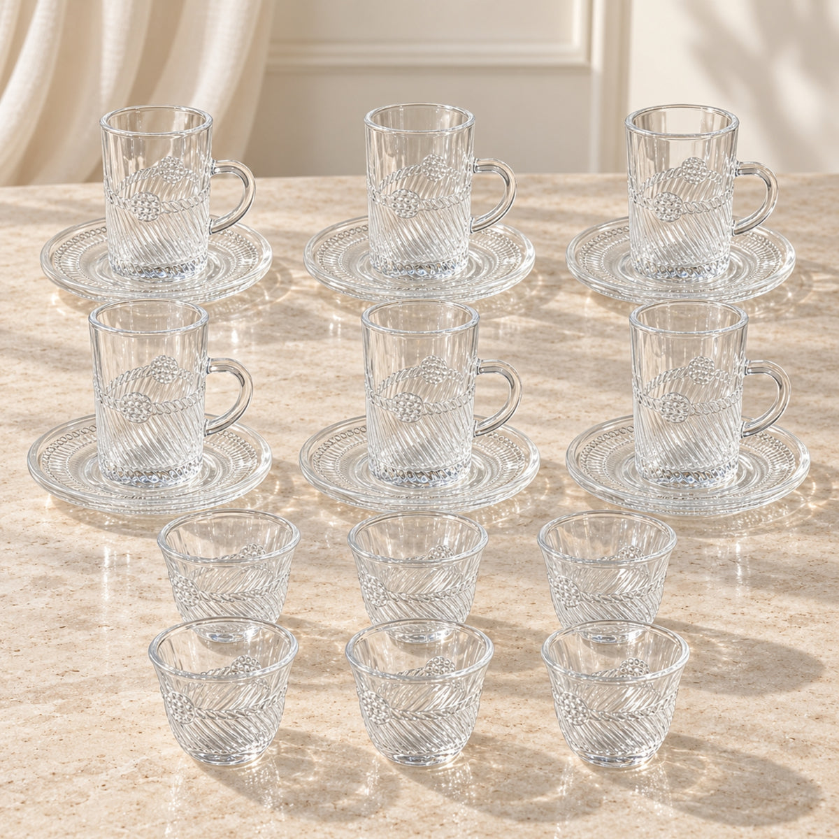 18-Piece Clear Glass Tea & Cawa Cup Set – 6 Tea Cups, 6 Saucers & 6 Cawa Cups