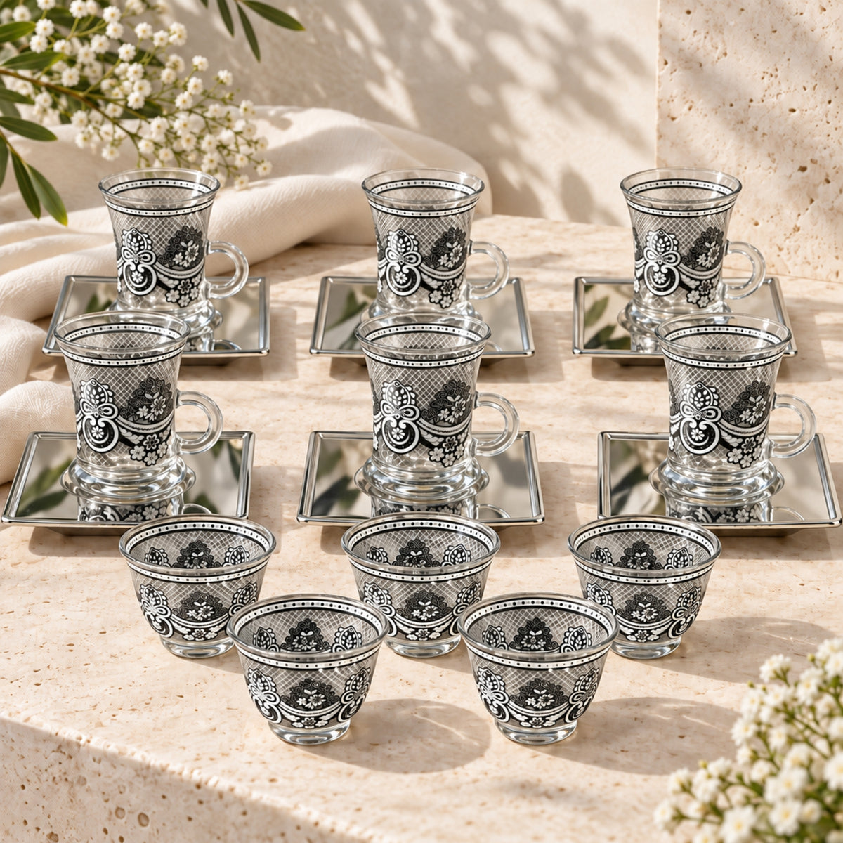 18-Piece Black Floral Glass Tea & Cawa Cup Set – 6 Tea Cups, 6 Square Saucers & 6 Cawa Cups