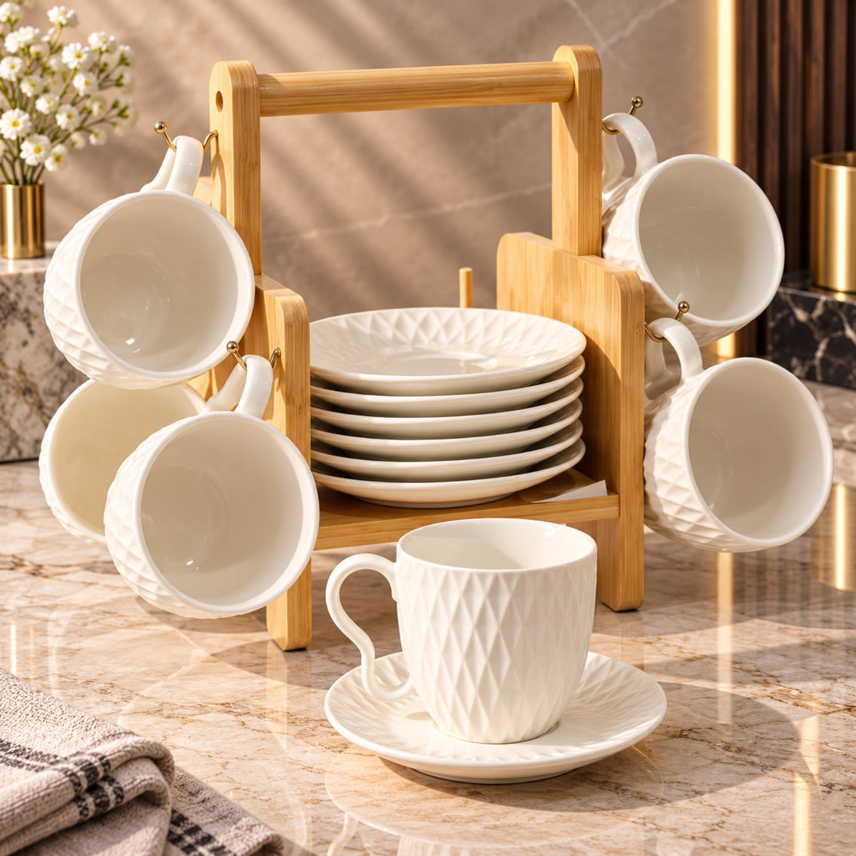 13-Piece White Tea & Coffee Cup Set with Wooden Stand – 6 Cups + 6 Saucers