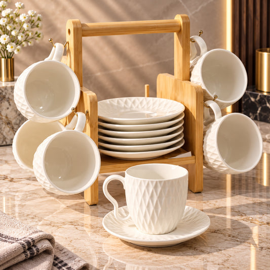 13-Piece White Tea & Coffee Cup Set with Wooden Stand – 6 Cups + 6 Saucers
