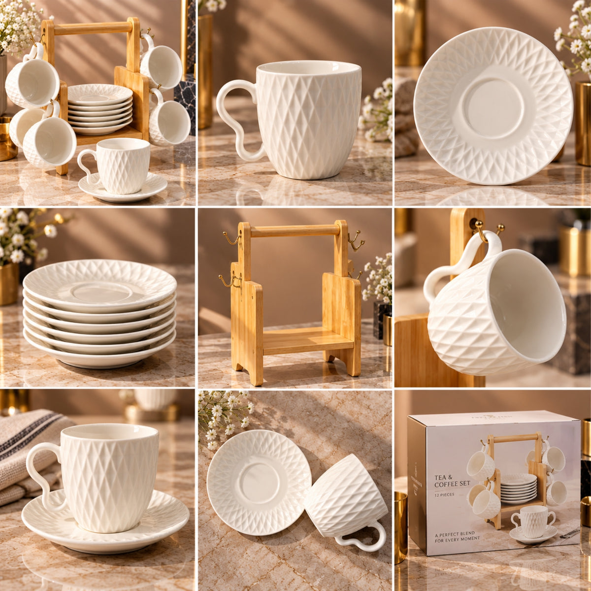 13-Piece White Tea & Coffee Cup Set with Wooden Stand – 6 Cups + 6 Saucers