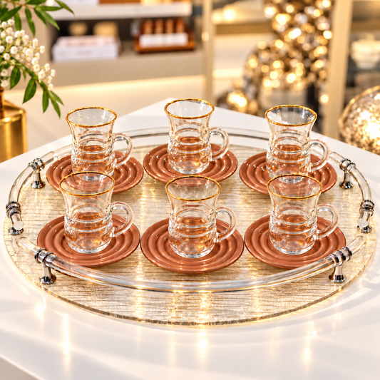 12-Piece Clear Glass Tea Cup & Saucer Set with Gold-Tone Accents