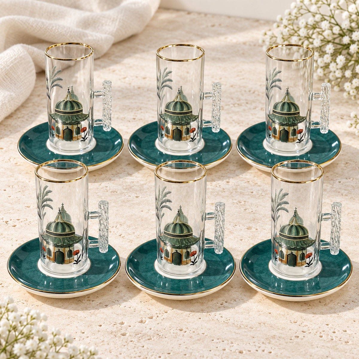 18-Piece Green & Gold Tea and Cawa Cup Set – 6 Tea Cups, 6 Saucers & 6 Cawa Cups