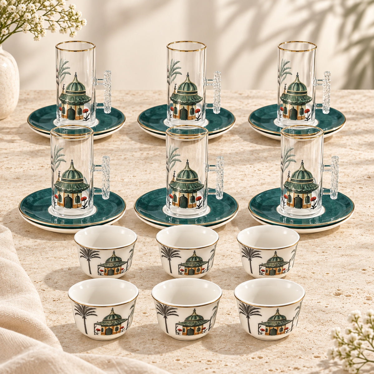 18-Piece Green & Gold Tea and Cawa Cup Set – 6 Tea Cups, 6 Saucers & 6 Cawa Cups