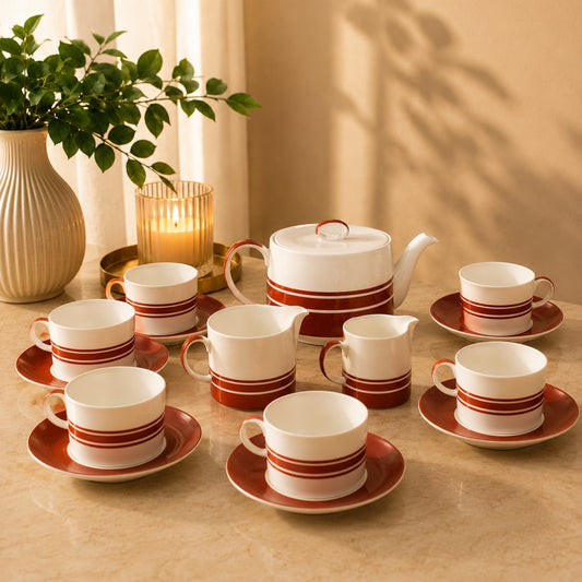 15-Piece Tea Cup & Saucer Set with Teapot & Creamers – 250ml Red & White