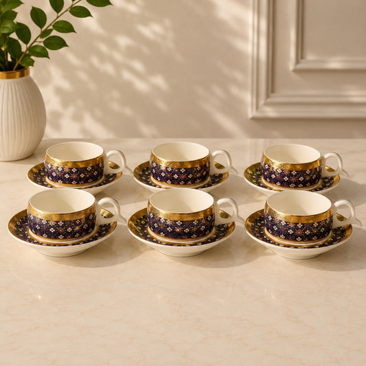 12 piece floral tea cup and saucer set with 6 navy and gold patterned tea cups and 6 matching saucers