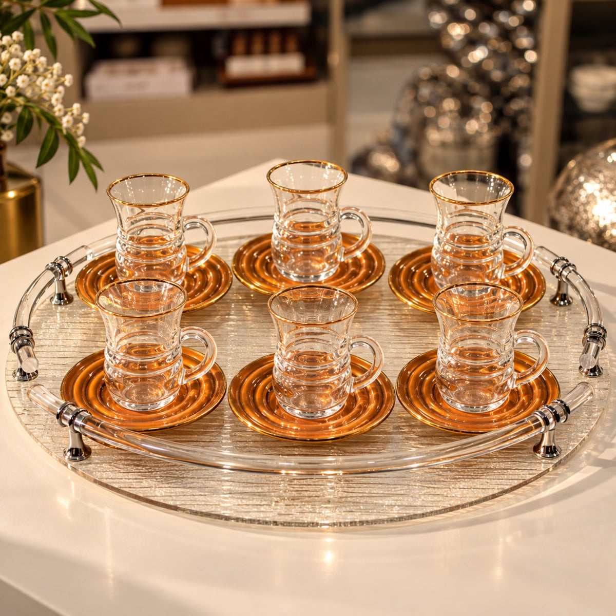 12-Piece Clear Glass Tea Cup & Saucer Set with Gold-Tone Accents
