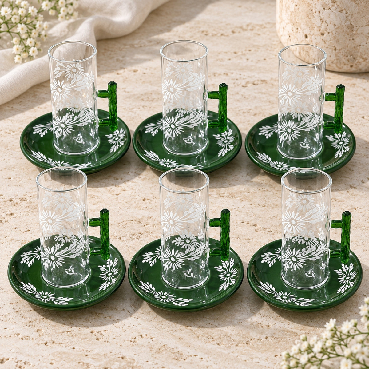 18-piece green floral tea and Cawa cup set with 6 clear glass tea cups, 6 green saucers and 6 matching Cawa cups