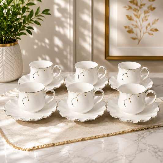 White & Gold Tea Cup & Saucer Set – 12 Pieces | VS-056