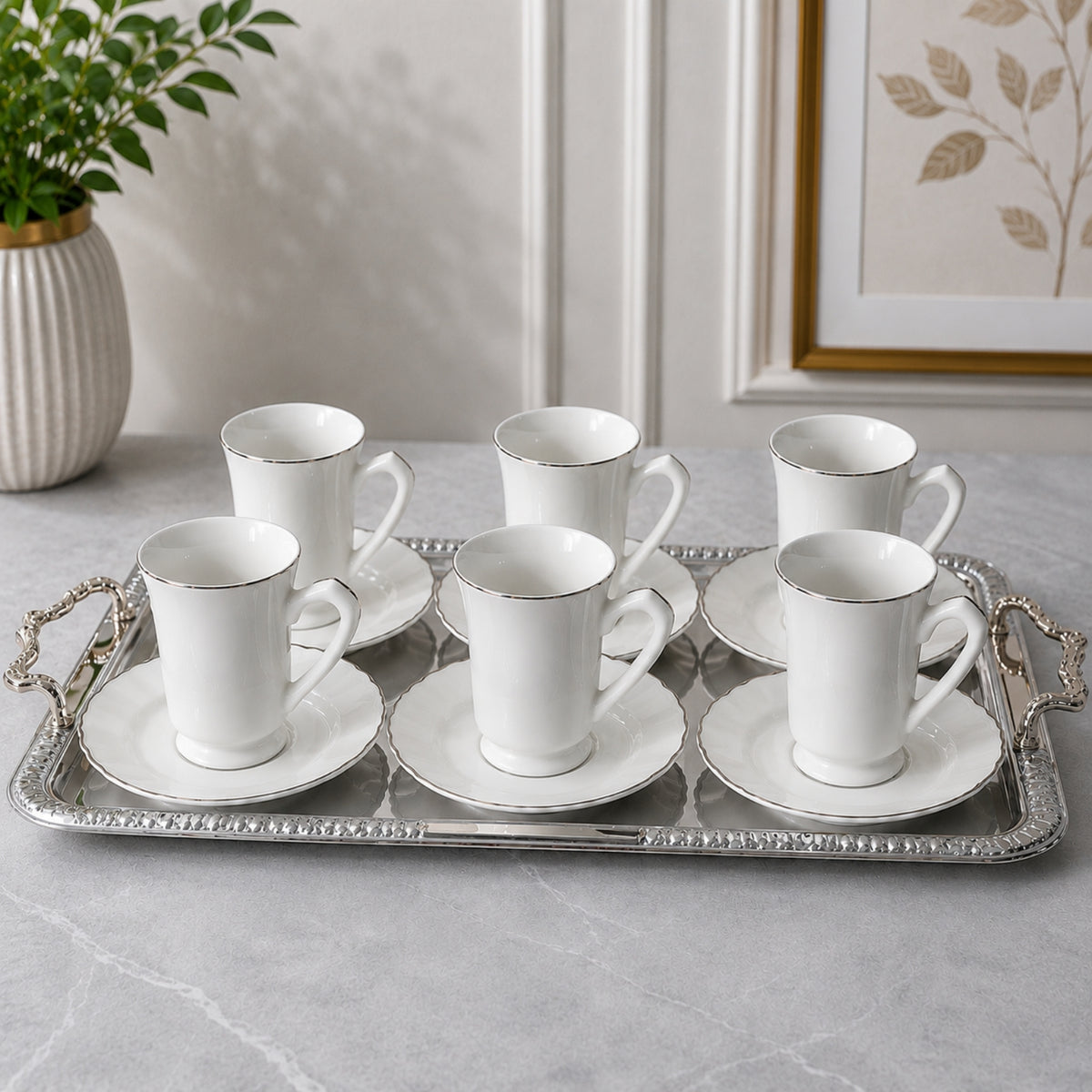 White & Silver Istikan Tea Cup & Saucer Set – 12 Pieces