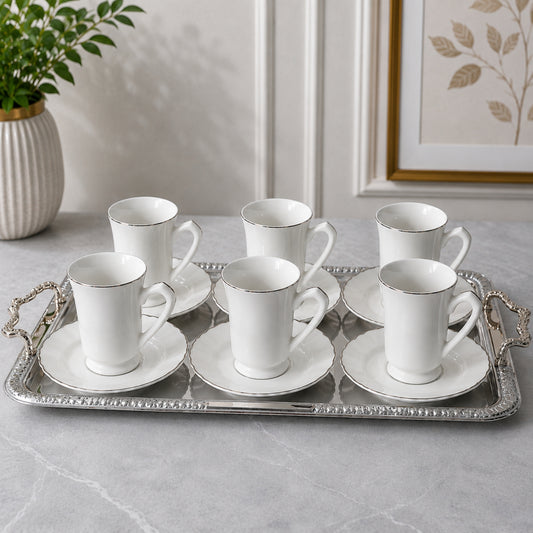 White & Silver Istikan Tea Cup & Saucer Set – 12 Pieces