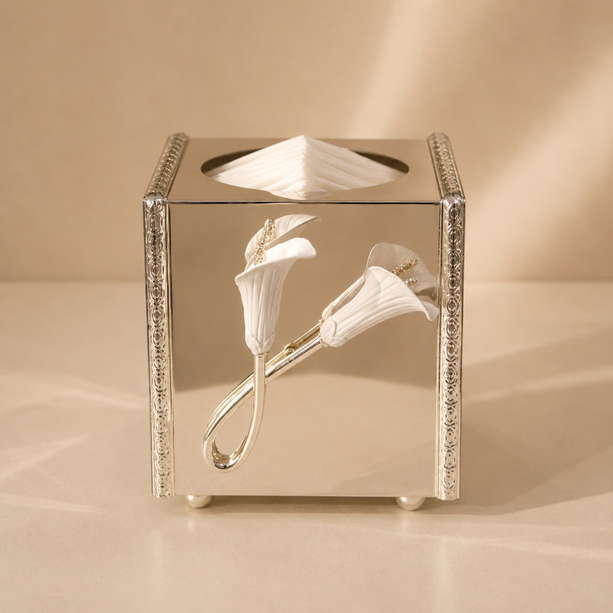 Calla Lily Silver Square Tissue Box – Decorative Tabletop Tissue Holder