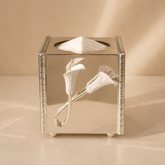 Calla Lily Silver Square Tissue Box – Decorative Tabletop Tissue Holder