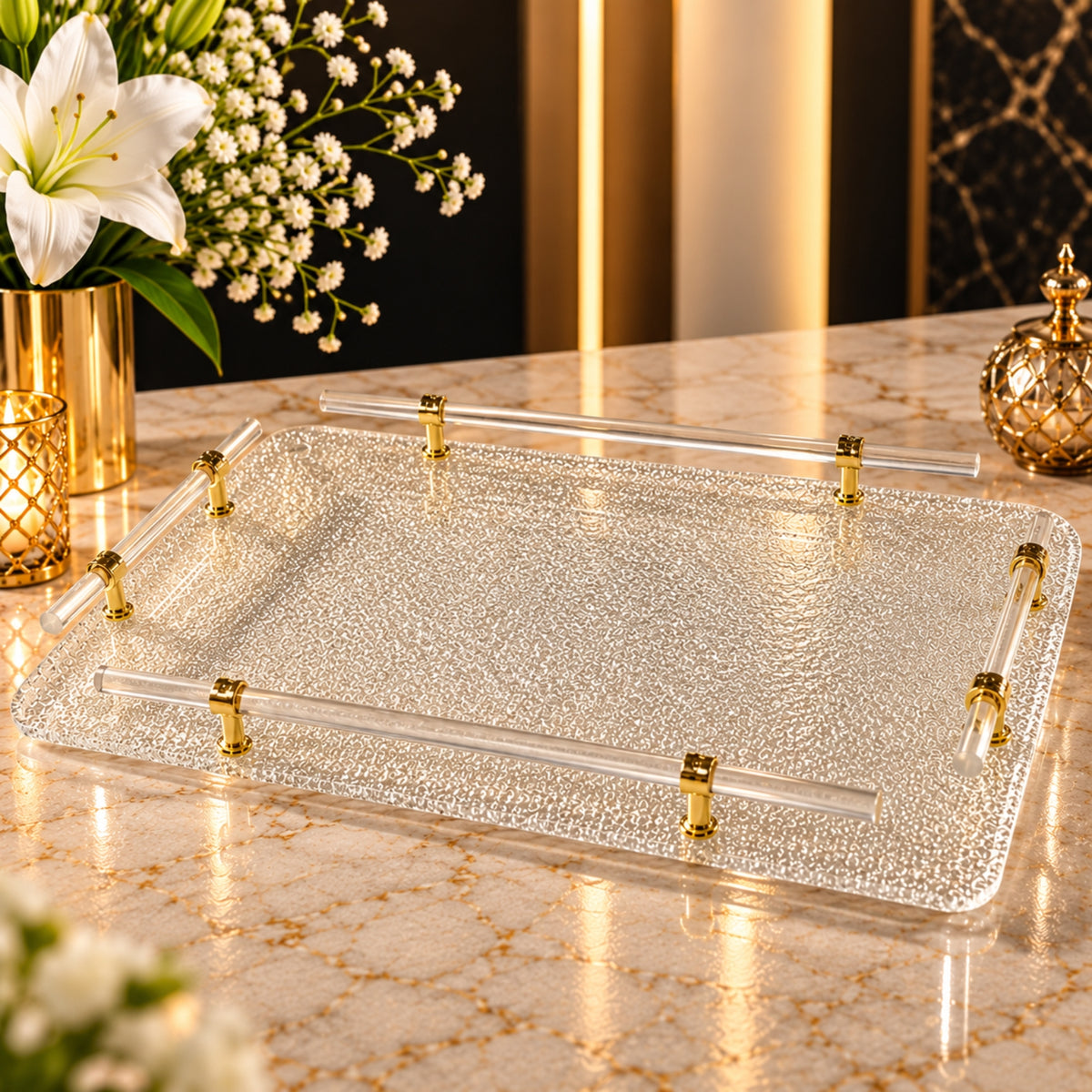Luxe Crystal-Edge XL Serving Tray with Gold Accents – Single Piece