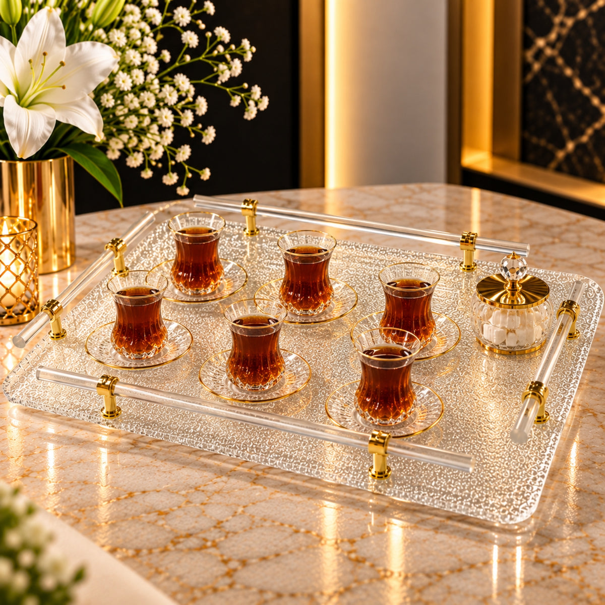 Luxe Crystal-Edge XL Serving Tray with Gold Accents – Single Piece