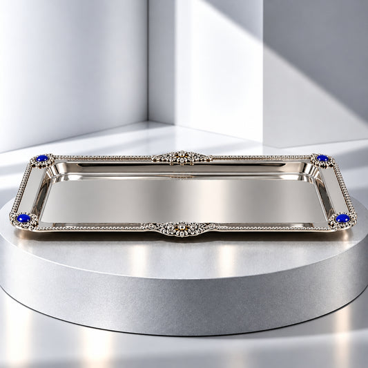 Luxury Ornate Stainless Steel Rectangular Serving Tray – Silver – 17 × 8 Inch