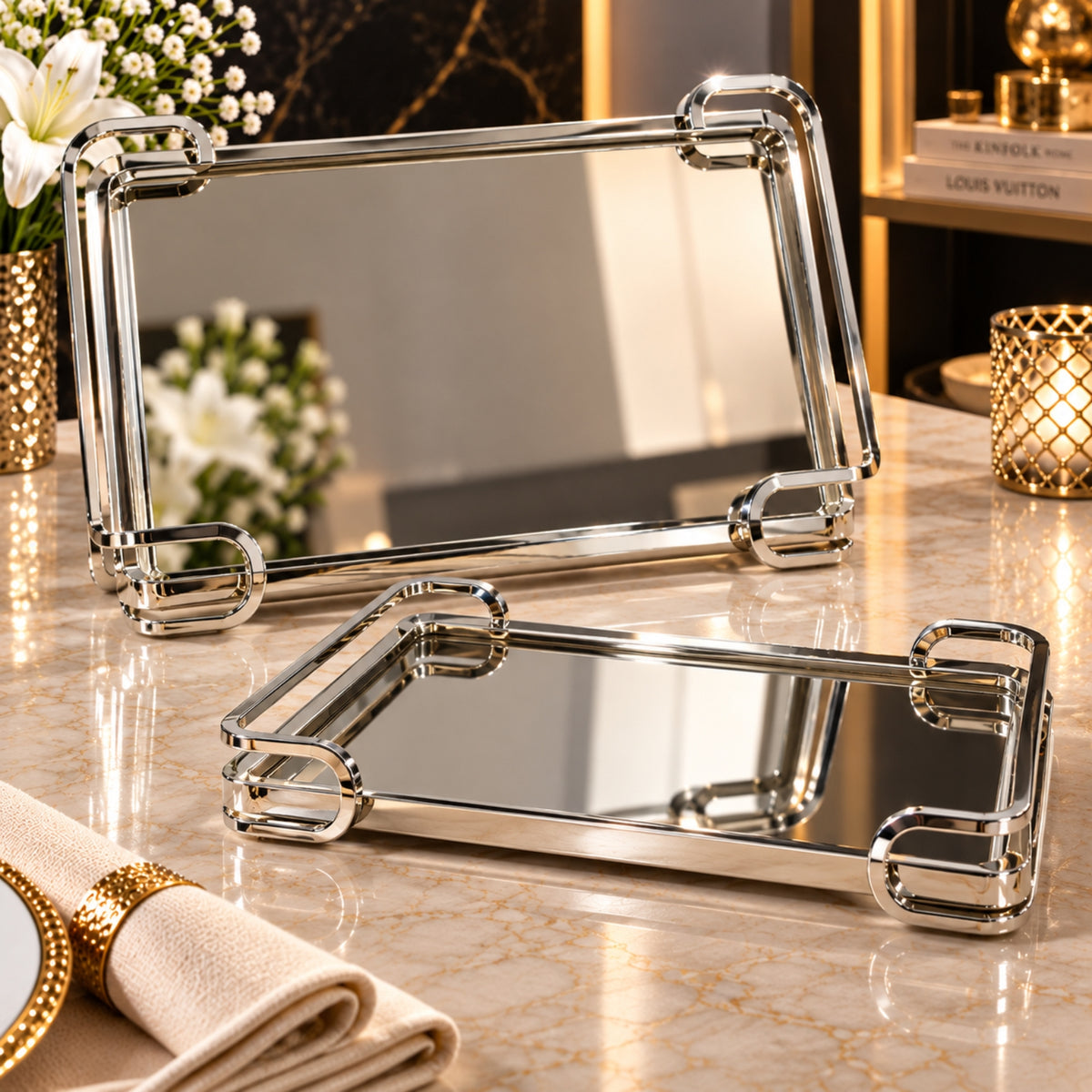 Luxury Rectangular Mirror Serving Tray 2-Piece Set – Silver Finish