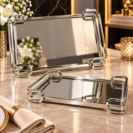 Luxury Rectangular Mirror Serving Tray 2-Piece Set – Silver Finish
