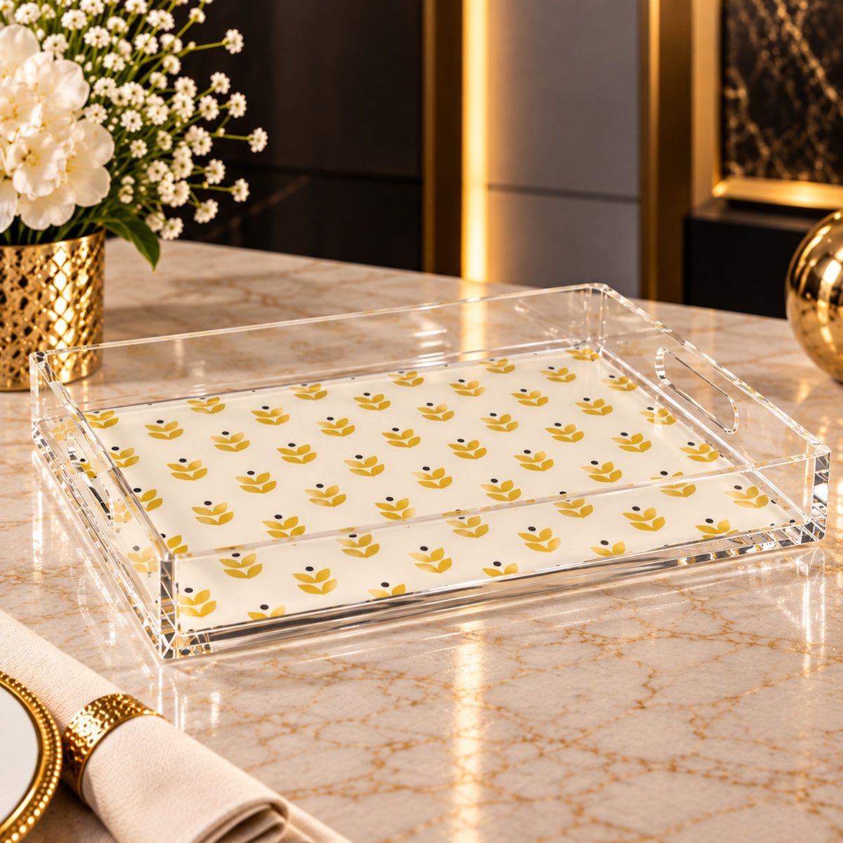 Elegant Clear Acrylic Serving Tray 2-Piece Set – Gold Leaf Pattern